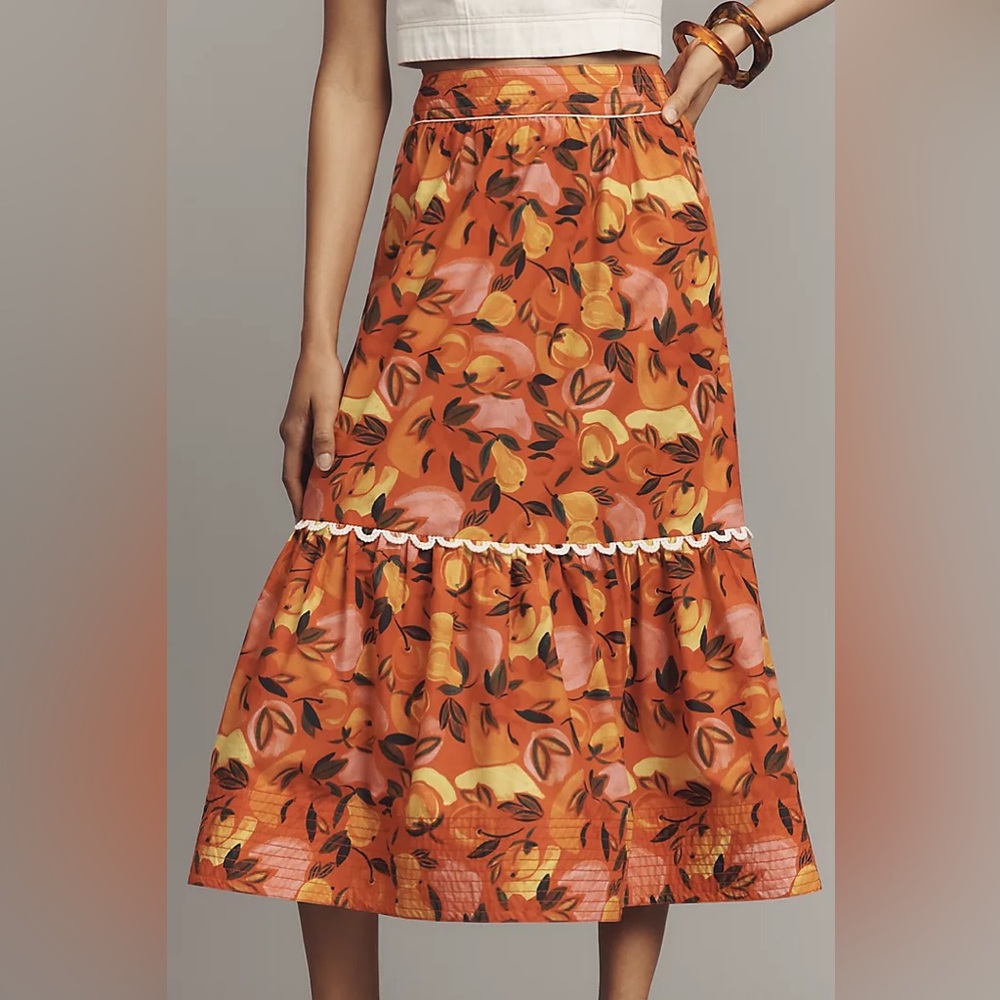 New Farm Rio x Anthropologie Tiered Flare-Hem Printed Midi Skirt Fruits sz XL